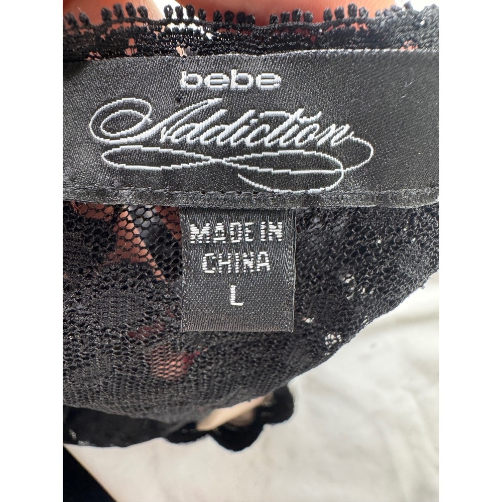 Bebe Addiction Black Lace Bodysuit Short Sleeve V-Neck Tan Lining Large sheer - Picture 6 of 16